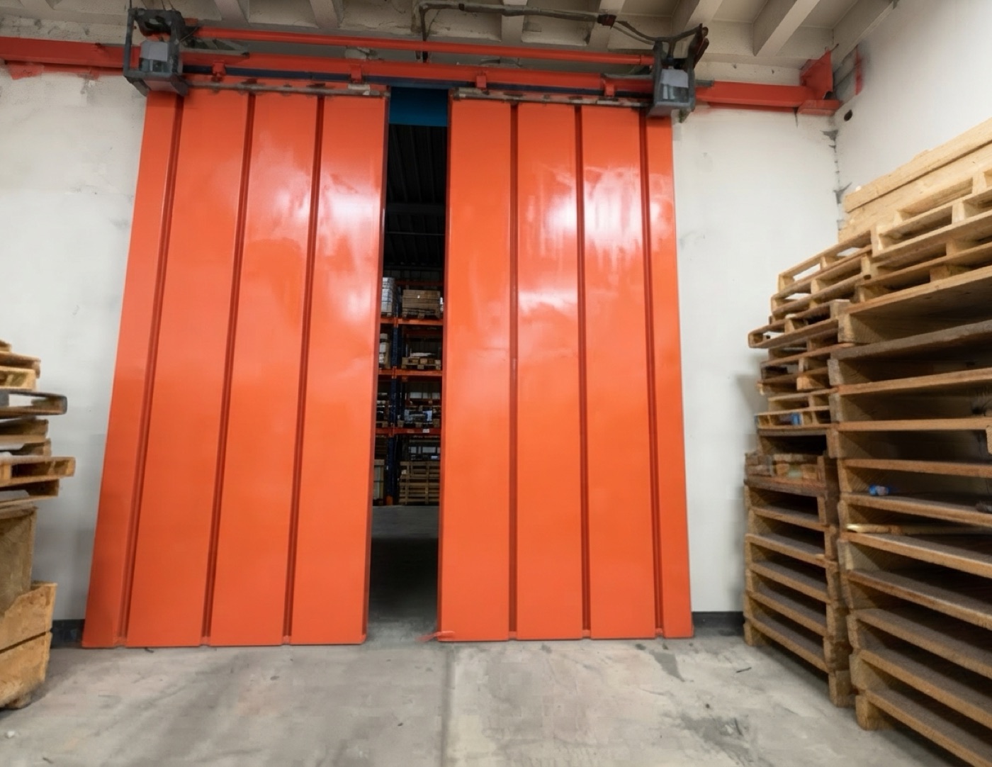Puerta corrediza industrial naranja de dos hojas en el interior de una bodega con pallets